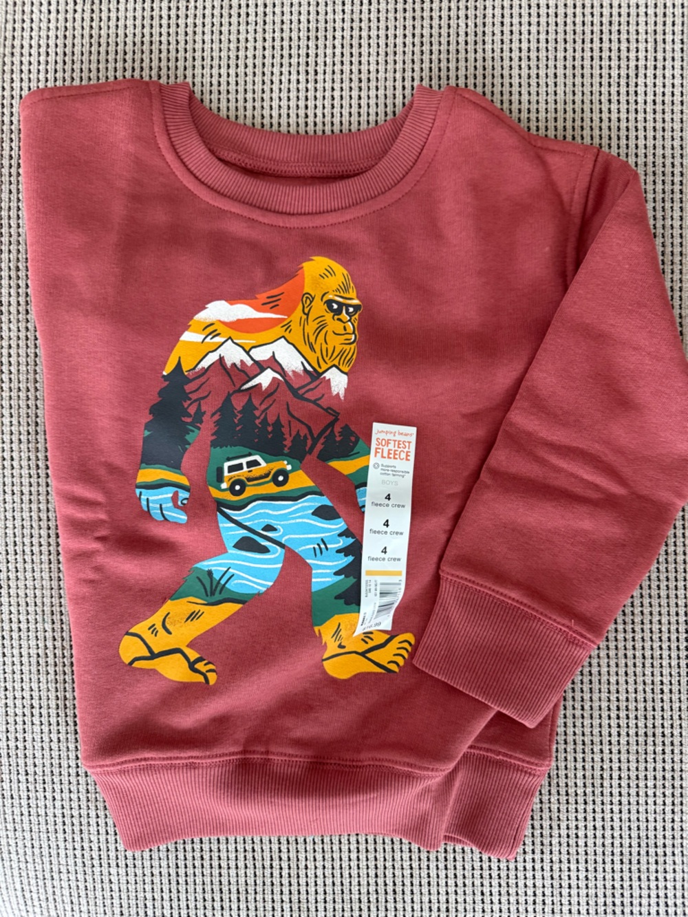 jumping beans Rust Red Fleece Crew with Multicolor Bigfoot graphic